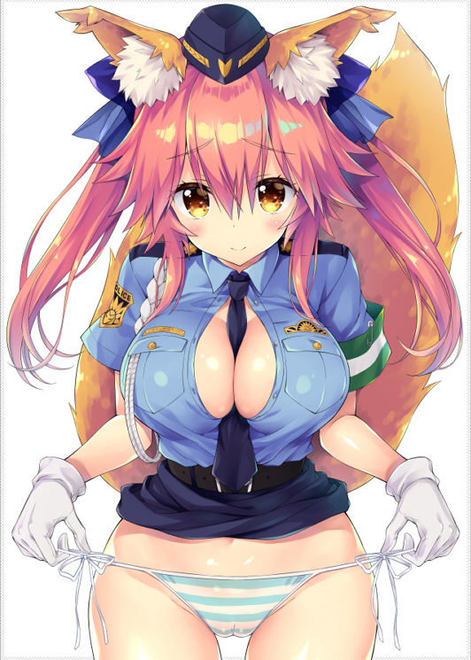 aiguillette alternate_costume animal_ear_fluff animal_ears armband bangs belt between_breasts blue_neckwear blue_panties blue_ribbon blue_shirt blue_skirt blush breasts bursting_breasts cameltoe cleavage closed_mouth commentary_request eyebrows_visible_through_hair fanbox_reward fate/extella_link fate/extra fate_(series) female_service_cap fox_ears fox_tail gloves hair_between_eyes hair_ribbon hat hips large_breasts long_hair looking_at_viewer miniskirt necktie paid_reward panties pink_hair police police_uniform policewoman ribbon sasorigatame shiny shiny_hair shirt shirt_lift side-tie_panties sidelocks simple_background skirt smile solo striped striped_panties tail tamamo_(fate)_(all) tamamo_no_mae_(fate) underwear uniform white_background white_gloves yellow_eyes