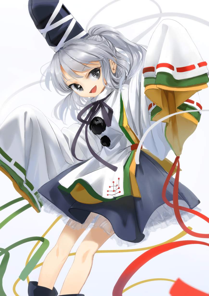 :d bangs black_ribbon blue_hat blue_skirt eyebrows_visible_through_hair grey_eyes hat highres japanese_clothes long_hair long_sleeves mononobe_no_futo open_mouth ponytail ribbon ribbon-trimmed_sleeves ribbon_trim silver_hair skirt sleeves_past_fingers sleeves_past_wrists smile solo suna_(s73d) tate_eboshi touhou wide_sleeves