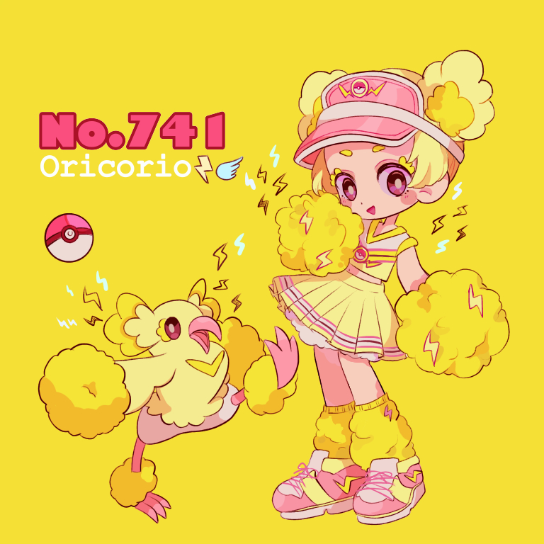bird blonde_hair blush_stickers character_name cheerleader contrapposto crop_top gen_7_pokemon leg_up lightning_bolt looking_at_viewer mameeekueya midriff moemon navel open_mouth oricorio personification pink_footwear pleated_skirt poke_ball pokemon pokemon_(creature) pom_poms red_eyes shoes short_hair simple_background skirt sleeveless smile standing wings yellow_background