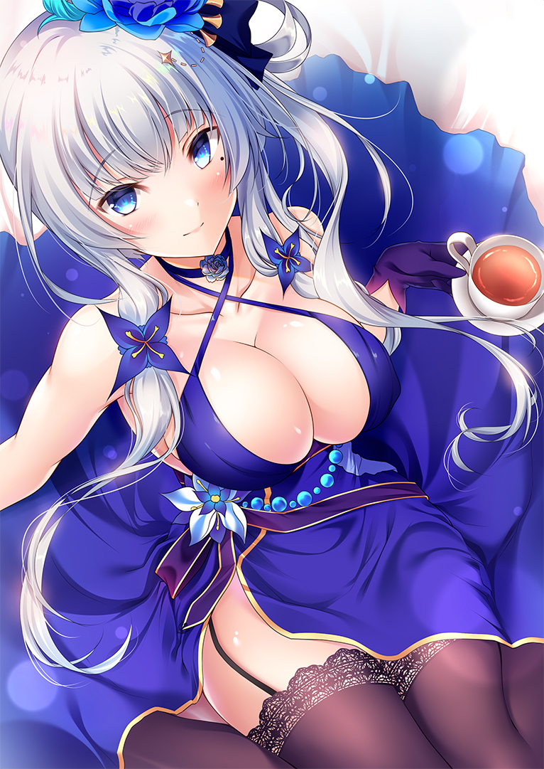 alternate_costume alternate_hairstyle azur_lane bare_shoulders black_gloves black_legwear blue_choker blue_dress blue_eyes blush breasts choker cleavage collarbone commentary_request cup dress eyebrows_visible_through_hair flower garter_straps gloves hair_flower hair_ornament hair_ribbon holding holding_cup illustrious_(azur_lane) large_breasts looking_at_viewer mole mole_under_eye one_side_up ribbon sidelocks silver_hair smile solo teacup thighhighs tress_ribbon wagashi_(user_efep7488)