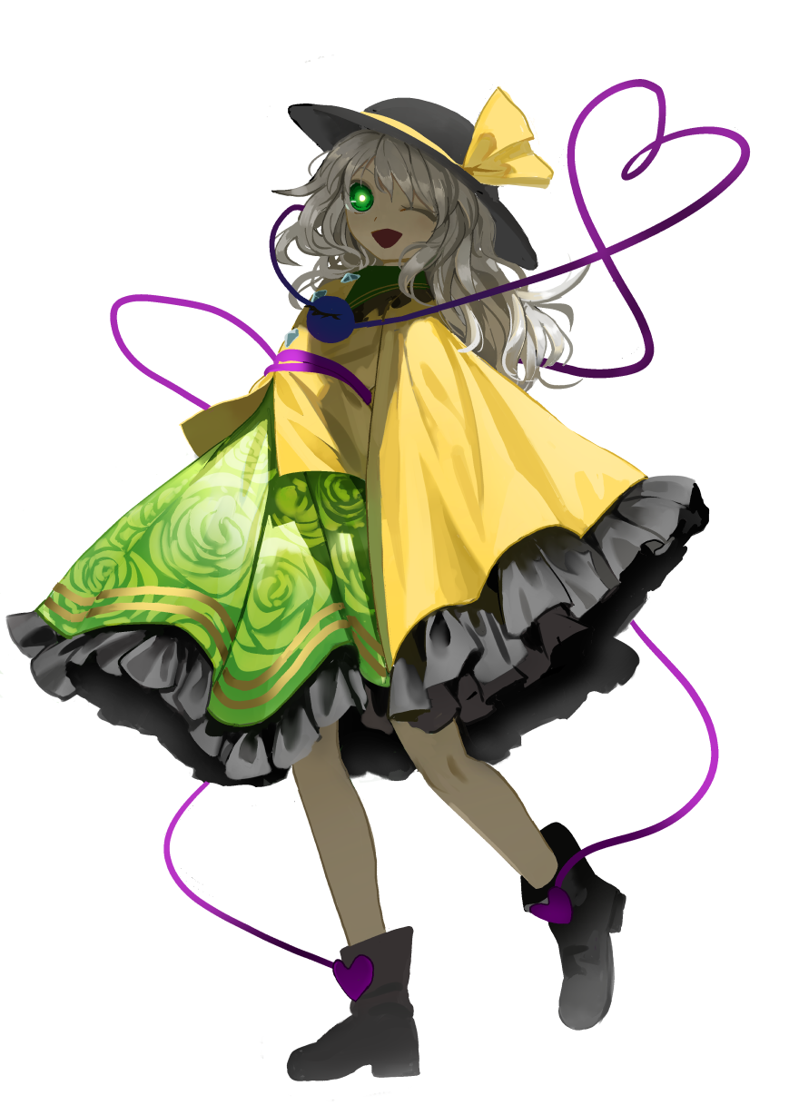 ;d bangs black_footwear black_hat boots bright_pupils floral_print frilled_shirt_collar frilled_skirt frilled_sleeves frills full_body green_eyes green_skirt grey_hair hat hat_ribbon heart heart_of_string highres komeiji_koishi long_sleeves one_eye_closed open_mouth ribbon rose_print shirt simple_background skirt sleeves_past_fingers sleeves_past_wrists smile solo suna_(s73d) third_eye touhou white_background white_pupils wide_sleeves yellow_ribbon yellow_shirt