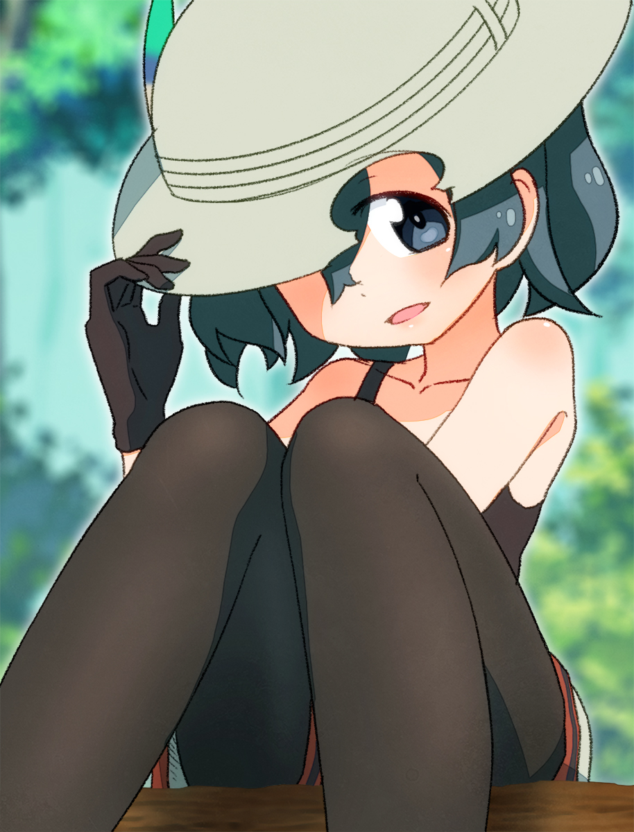 bare_shoulders black_eyes black_gloves black_legwear black_tank_top blurry blurry_background collarbone commentary_request error eyes_visible_through_hair gloves green_hair hair_between_eyes hand_on_headwear hat hat_over_one_eye highres kaban_(kemono_friends) kemono_friends looking_at_viewer no_shirt one_eye_covered pantyhose pantyhose_under_shorts parted_lips sat-c short_hair shorts sitting smile solo white_hat