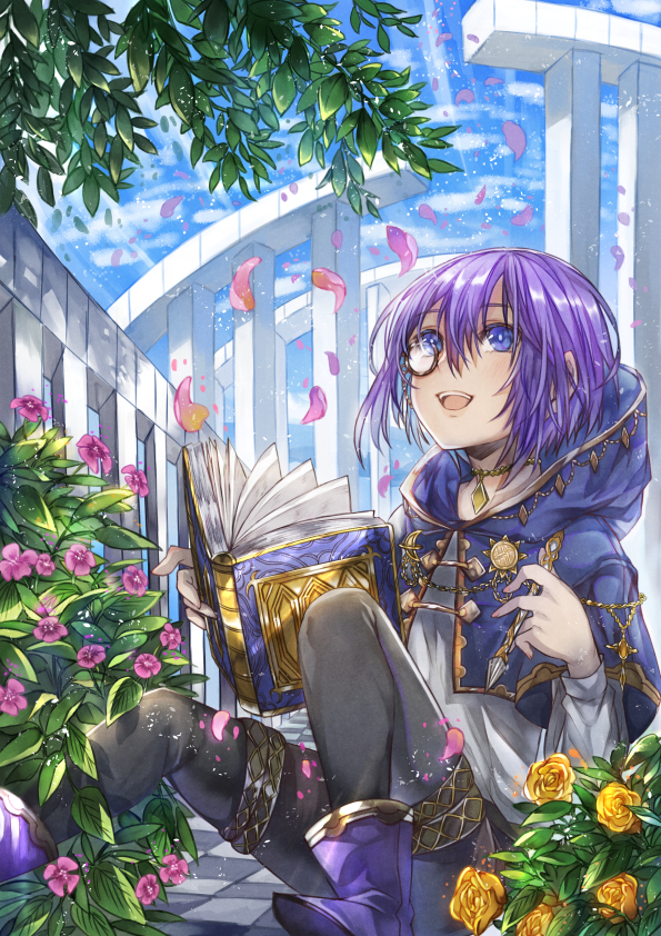 :d androgynous ankle_boots bad_id bad_pixiv_id black_pants blue_eyes blue_footwear blue_sky book boots checkered checkered_floor cloak cloud column day eyebrows_visible_through_hair fantasy flower hair_between_eyes hood hood_down hooded_cloak iri_(mimoza1210) jewelry knee_up leaf leg_belt long_sleeves looking_up monocle open_book open_mouth original outdoors outstretched_leg pants pen pendant pillar purple_hair shirt short_hair sitting sky smile thick_eyebrows tile_floor tiles tree_branch upper_teeth white_shirt