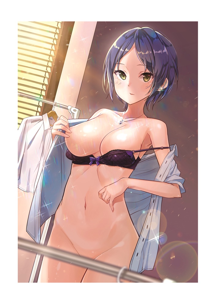 bad_id bad_pixiv_id bangs black_hair blush bottomless bra breasts commentary convenient_censoring covering covering_one_nipple dress_shirt goyain hayami_kanade idolmaster idolmaster_cinderella_girls large_breasts looking_at_viewer navel one_breast_out parted_bangs shirt short_hair solo underwear undressing yellow_eyes