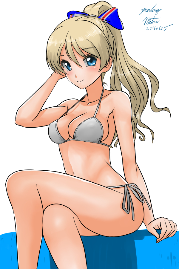 alternate_hairstyle arm_support artist_name bikini blonde_hair blue_eyes blush bow breasts cleavage closed_mouth collarbone commentary crossed_legs darjeeling dated eyebrows_visible_through_hair flag_print girls_und_panzer hair_bow hair_down hand_in_hair legs matsui_yasutsugu medium_breasts navel ponytail print_bow side-tie_bikini signature simple_background sitting smile solo swimsuit thighs union_jack white_background white_bikini