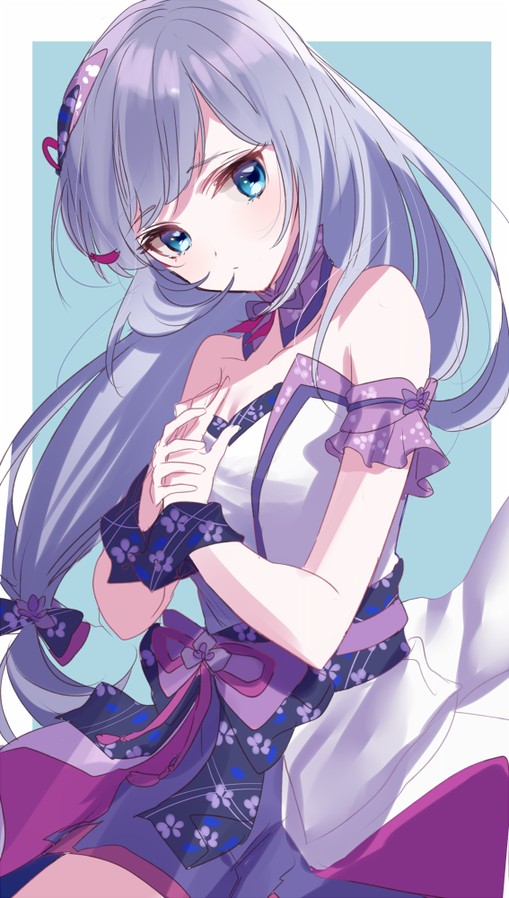bare_shoulders blue_background blue_eyes border bow collarbone dress hands_on_own_chest idolmaster idolmaster_million_live! idolmaster_million_live!_theater_days long_hair looking_at_viewer misumi_(macaroni) purple_bow purple_ribbon ribbon shiraishi_tsumugi silver_hair simple_background solo white_border white_dress wrist_cuffs
