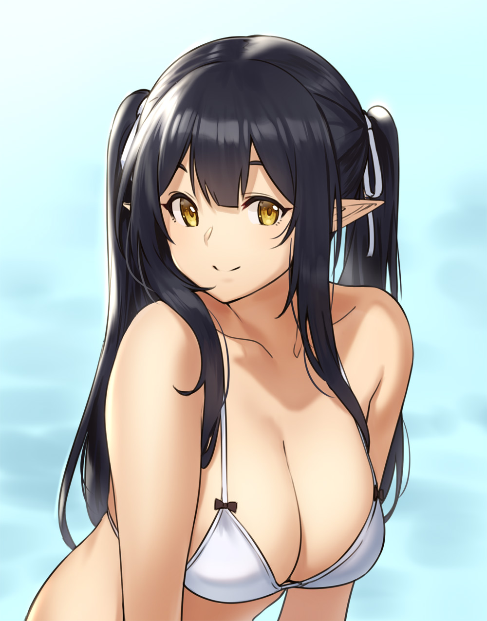 bikini_top black_hair breasts cleavage elf elf_(houtengeki) highres houtengeki large_breasts leaning_forward long_hair looking_at_viewer original outdoors pointy_ears shiny shiny_hair sidelocks smile solo twintails upper_body white_bikini_top yellow_eyes