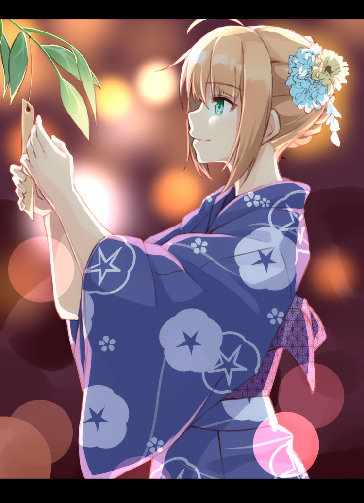 ahoge alternate_costume aqua_eyes arms_up artoria_pendragon_(all) bamboo bangs blonde_hair blurry bokeh braid commentary_request depth_of_field eyebrows_visible_through_hair fate/grand_order fate_(series) floral_print flower from_side hair_between_eyes hair_flower hair_ornament hair_up japanese_clothes kimono lens_flare letterboxed looking_to_the_side morning_glory saber shunichi smile solo tanabata tanzaku upper_body yukata