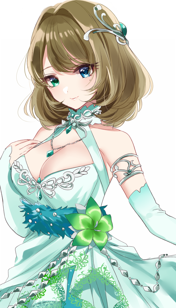 armlet bangs bare_shoulders blue_eyes breasts brown_hair chain cleavage closed_mouth detached_sleeves dress flower green_dress green_eyes hair_ornament halterneck hand_on_own_chest heterochromia idolmaster idolmaster_cinderella_girls idolmaster_cinderella_girls_starlight_stage jewelry looking_at_viewer medium_breasts misumi_(macaroni) mole mole_under_eye necklace pendant short_hair simple_background smile solo swept_bangs takagaki_kaede white_background