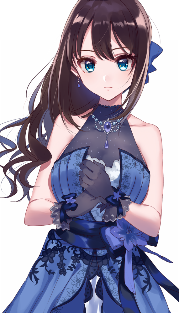 bare_arms bare_shoulders black_gloves blue_bow blue_dress blue_eyes blue_flower blue_ribbon bow brown_hair dress earrings eternal_bloom_(idolmaster) floral_print flower gloves hair_bow hands_together idolmaster idolmaster_cinderella_girls idolmaster_cinderella_girls_starlight_stage jewelry long_hair looking_at_viewer misumi_(macaroni) necklace pearl_necklace ribbon shibuya_rin simple_background smile solo white_background wrist_ribbon
