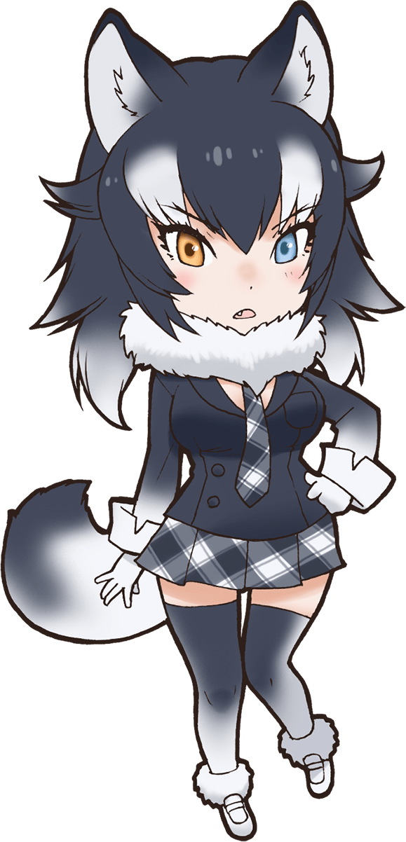 5_fingers absolute_territory alpha_channel amber_eyes animal_humanoid anime big_breasts biped black_clothing blue_eyes blush breasts canine chibi clothing cute_fangs digital_drawing_(artwork) digital_media_(artwork) dipstick_tail female footwear frown fur gloves grey_clothing grey_hair grey_tail grey_theme grey_wolf_(kemono_friends) hair hand_on_hip heterochromia humanoid humanoid_hands inner_ear_fluff japanese kemono_friends legwear light_skin looking_at_viewer mammal multicolored_hair multicolored_tail neck_tuft necktie official_art on_one_leg open_frown open_mouth plaid shirt shoes simple_background skirt socks solo standing tan_skin thigh_highs transparent_background tuft two_tone_hair two_tone_tail unknown_artist white_fur white_gloves white_hair white_tail wolf_humanoid