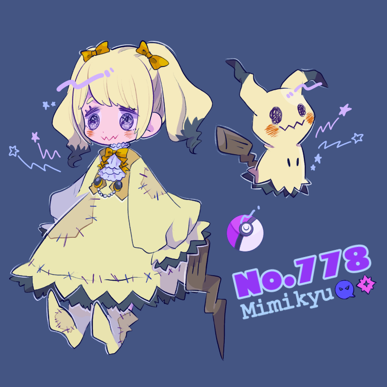 bangs blonde_hair blue_background blush bow character_name closed_mouth dress frills gen_7_pokemon hair_bow long_hair long_sleeves mameeekueya mimikyu moemon multicolored_hair patches personification poke_ball pokemon pokemon_(creature) shoes sidelocks simple_background standing star twintails wide_sleeves yellow_bow yellow_dress yellow_footwear