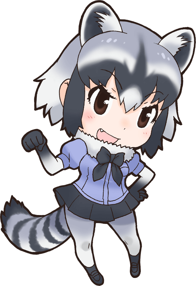 5_fingers alpha_channel animal_humanoid anime biped black_clothing blue_clothing blush bow_tie breasts brown_eyes chibi clothing common_raccoon_(kemono_friends) cute_fangs digital_drawing_(artwork) digital_media_(artwork) female fist footwear front_view gloves_(marking) grey_hair grey_stripes grey_tail hair hand_on_hip humanoid humanoid_hands inner_ear_fluff japanese kemono_friends legwear light_skin long_tail looking_at_viewer mammal markings multicolored_hair official_art open_mouth open_smile procyonid raccoon_humanoid ringed_tail shirt shoes short_hair simple_background skirt small_breasts smile socks solo standing striped_tail stripes tan_skin thigh_socks transparent_background two_tone_hair two_tone_tail unknown_artist white_hair white_tail