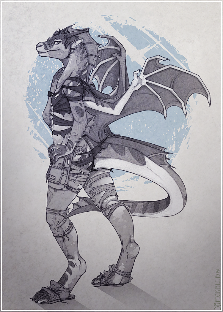 ambiguous_gender anthro claws clothing digitigrade dragon drpickelle greyscale hair horn looking_back membranous_wings monochrome smile solo torn_clothing transformation wings
