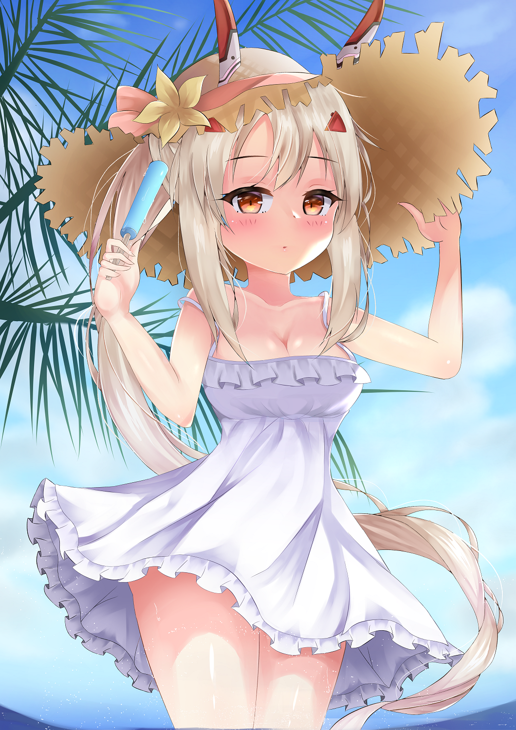 arm_up ayanami_(azur_lane) azur_lane bangs bare_arms bare_shoulders blue_sky breasts cleavage cloud collarbone commentary_request day dress eyebrows_visible_through_hair flower hair_ornament hand_on_headwear hand_up hat hat_flower headgear highres himexin light_brown_hair long_hair medium_breasts outdoors ponytail red_eyes sky sleeveless sleeveless_dress solo straw_hat very_long_hair white_dress yellow_flower