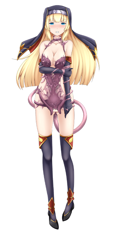 1girl anal anal_object_insertion blonde_hair blue_eyes blush bondage elbow_gloves full_body living_clothes long_hair nun pussy rape restrained simple_background tentacle tentacle_clothes thighhighs windwave