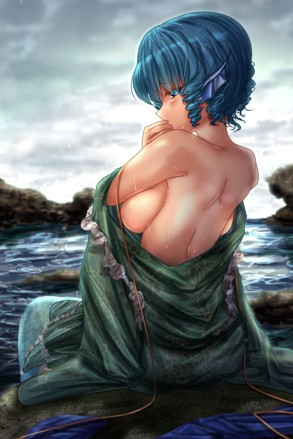 back backboob breasts caustics cloud cloudy_sky commentary_request day drill_hair from_behind green_kimono hand_to_own_mouth head_fins highres japanese_clothes kimono kimono_pull large_breasts looking_past_viewer looking_to_the_side mermaid monster_girl rock shiny shiny_hair short_hair shounen_(hogehoge) sideboob sitting sitting_on_rock sky solo sunlight touhou wakasagihime water wet