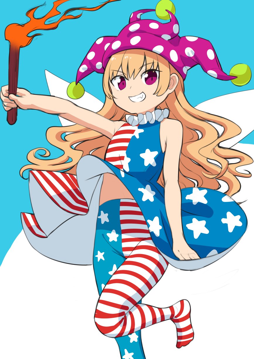 adapted_costume alternate_eye_color american_flag_dress american_flag_legwear bangs blonde_hair blue_background clownpiece dress eyebrows_visible_through_hair fairy_wings grin hat highres jester_cap leg_up long_hair looking_at_viewer multicolored multicolored_background navel neck_ruff nobori_ranzu outline outstretched_arm pantyhose polka_dot purple_eyes purple_hat sharp_teeth sidelocks skinny skirt_hold sleeveless sleeveless_dress smile solo teeth torch touhou white_background wings