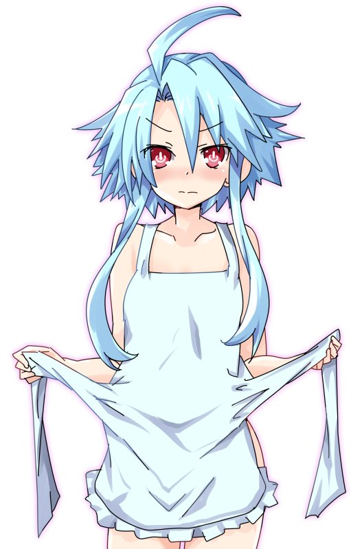 apron bare_shoulders blue_hair blush breasts closed_mouth collarbone commentary_request cowboy_shot hair_between_eyes iwasi-r looking_at_viewer naked_apron neptune_(series) power_symbol red_eyes short_hair_with_long_locks simple_background small_breasts solo symbol-shaped_pupils white_apron white_background white_heart