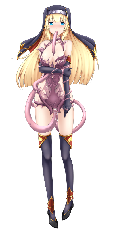 1girl anal anal_object_insertion blonde_hair blue_eyes blush bondage elbow_gloves full_body living_clothes long_hair nun oral pussy rape restrained simple_background tentacle tentacle_clothes thighhighs triple_penetration vaginal windwave