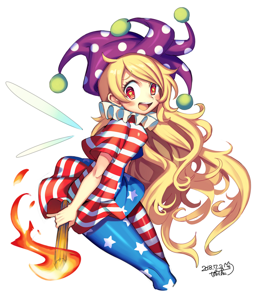 american_flag_legwear american_flag_shirt bangs blonde_hair blush breasts clownpiece covered_nipples dated fairy_wings from_side hat iroyopon jester_cap long_hair looking_at_viewer neck_ruff open_mouth polka_dot purple_hat red_eyes reflective_eyes shiny shiny_clothes shiny_hair short_sleeves signature small_breasts smile solo star star-shaped_pupils swept_bangs symbol-shaped_pupils teeth tongue torch touhou very_long_hair wavy_hair white_background wind wings