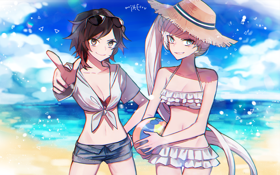 ball beach beachball blue_eyes blue_sky breasts cleavage cloud cloudy_sky commentary day ecru eyewear_on_head hat multiple_girls navel ocean pointing red_hair ruby_rose rwby scar scar_across_eye silver_eyes sky smile straw_hat sunglasses swimsuit symbol_commentary weiss_schnee white_hair