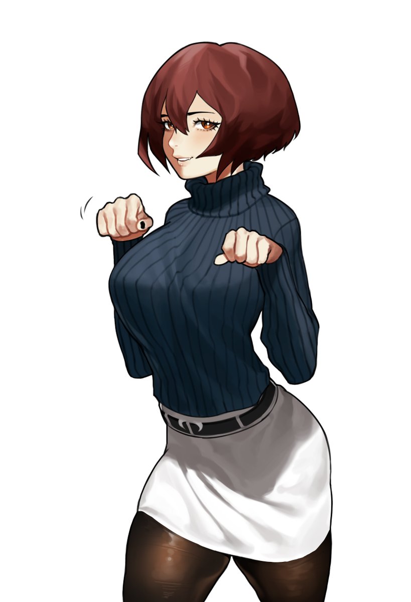 belt black_legwear black_nails blush boku_no_hero_academia breasts brown_hair casual cowboy_shot eyelashes fang half-closed_eyes highres large_breasts lips long_sleeves looking_at_viewer nail_polish pantyhose paw_pose pencil_skirt short_hair simple_background skirt smile solo sousaki_shino sweater teeth turtleneck turtleneck_sweater white_background white_skirt