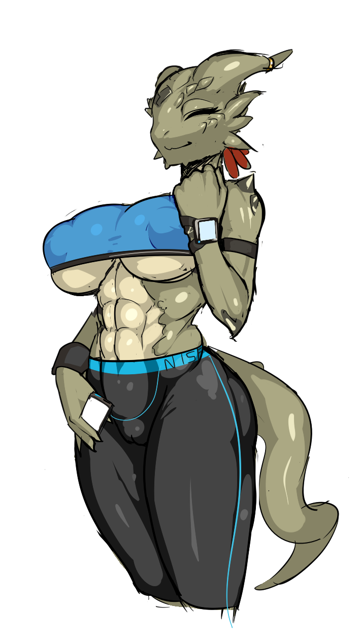abs anthro athletics big_breasts breasts camel_toe female horn kobold muscular music_player navel nipple_bulge nisetanaka non-mammal_breasts scalie simple_background solo under_boob white_background yoga_pants