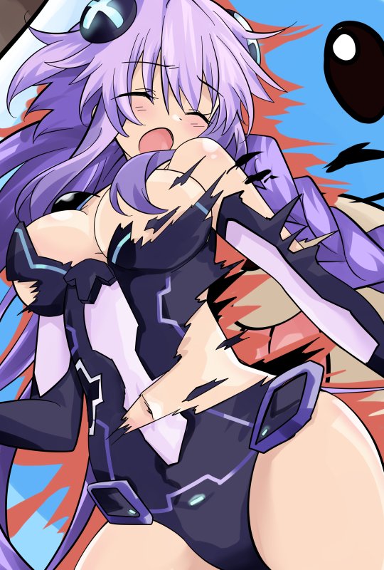 bare_shoulders blush braid breasts cleavage closed_eyes commentary_request convenient_censoring cowboy_shot d-pad d-pad_hair_ornament dogoo embarrassed facing_viewer hair_censor hair_ornament hips iwasi-r leotard long_hair medium_breasts navel neptune_(series) open_mouth purple_hair purple_heart solo torn_clothes torn_leotard twin_braids twintails very_long_hair