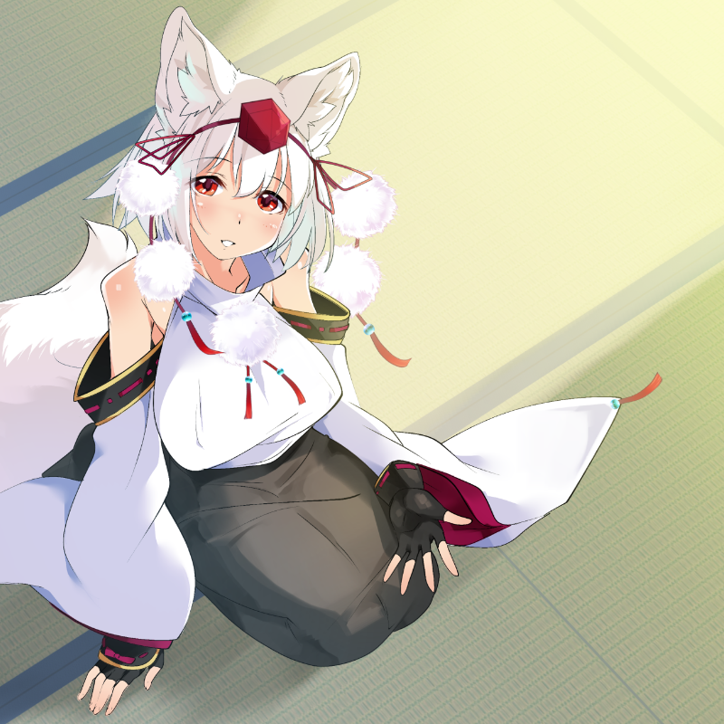 adapted_costume albino animal_ears black_gloves black_skirt blush commentary_request day detached_sleeves fingerless_gloves fingernails from_above gloves hair_between_eyes hat head_tilt indoors inubashiri_momiji lap_pillow_invitation long_skirt looking_at_viewer looking_up open_hand pom_pom_(clothes) red_eyes reflective_eyes shirt short_hair skirt sleeveless sleeveless_shirt smile solo sunlight tail tatami teeth thighs tokin_hat touhou transpot_nonoko white_hair white_shirt wide_sleeves wolf_ears wolf_tail