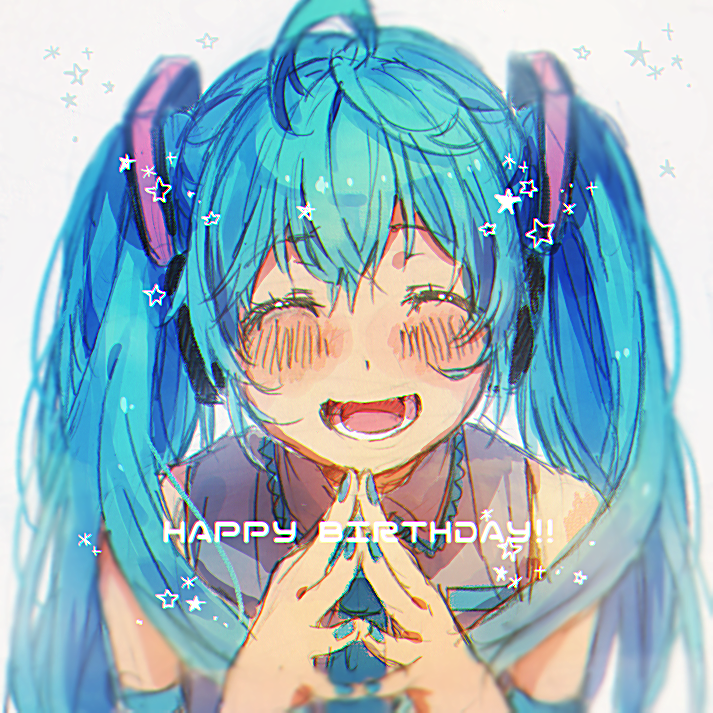 ^_^ blue_hair blue_nails blurry blush close-up closed_eyes depth_of_field english eyebrows_visible_through_hair eyelashes face fingernails graphite_(medium) grey_background grey_shirt hands_together happy happy_birthday hatsune_miku long_hair nail_polish necktie open_mouth shirt simple_background sleeveless sleeveless_shirt smile solo star teeth traditional_media twintails upper_body vocaloid yuya_kyoro