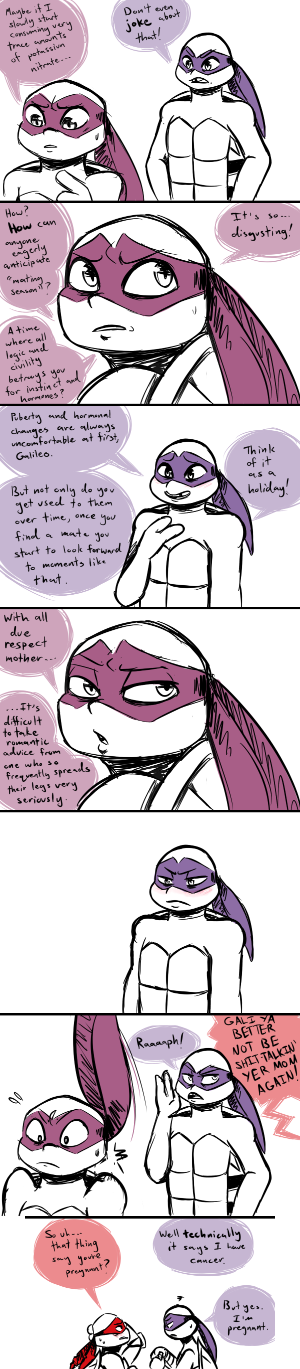 2018 anthro bandanna blush clothed clothing comic dialogue donatello_(tmnt) duo_focus elbow_pads english_text fan_character galileo_(inkyfrog) group implied_incest inkyfrog male mask partially_colored raphael_(tmnt) reptile scalie shell simple_background speech_bubble sweat sweatdrop teenage_mutant_ninja_turtles text tooth_gap turtle white_background