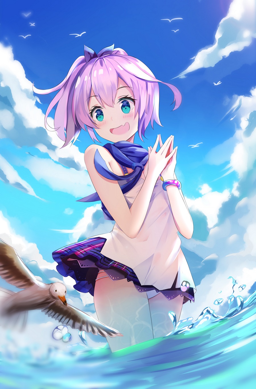 :d animal azur_lane bare_shoulders bird black_ribbon blue_skirt blue_sky blurry blurry_foreground blush breasts camisole cloud cloudy_sky day depth_of_field dutch_angle fang fingernails green_eyes hair_ribbon hands_up highres javelin_(azur_lane) looking_away looking_to_the_side mobu_(wddtfy61) ocean open_mouth outdoors own_hands_together panties pink_hair plaid plaid_skirt pleated_skirt ponytail ribbon seagull short_hair skirt sky small_breasts smile solo steepled_fingers underwear wading water white_camisole white_panties