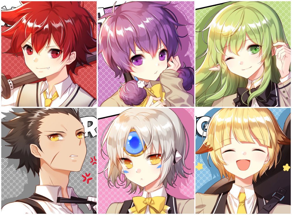 3girls ^_^ aisha_(elsword) brown_hair chilling_hedgehog_(elsword) chung_seiker closed_eyes commentary_request elf elsword elsword_(character) eve_(elsword) facial_mark fang fang_out forehead_jewel green_eyes green_hair korean_commentary milkmyoya multiple_boys multiple_girls one_eye_closed over_shoulder pointy_ears purple_eyes purple_hair raven_(elsword) red_eyes red_hair rena_(elsword) scar sword sword_over_shoulder uniform weapon weapon_over_shoulder yellow_eyes