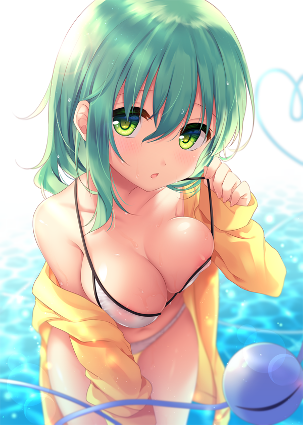 areola_slip areolae bare_shoulders bikini bikini_pull blush breasts collarbone commentary_request cowboy_shot green_eyes green_hair hair_between_eyes hand_up heart heart_of_string jacket komeiji_koishi large_breasts leaning_forward lens_flare long_sleeves looking_at_viewer navel nipples no_hat no_headwear off_shoulder parted_lips see-through shikitani_asuka short_hair sleeves_past_wrists solo standing stomach swimsuit thighs third_eye touhou water white_background white_bikini yellow_jacket