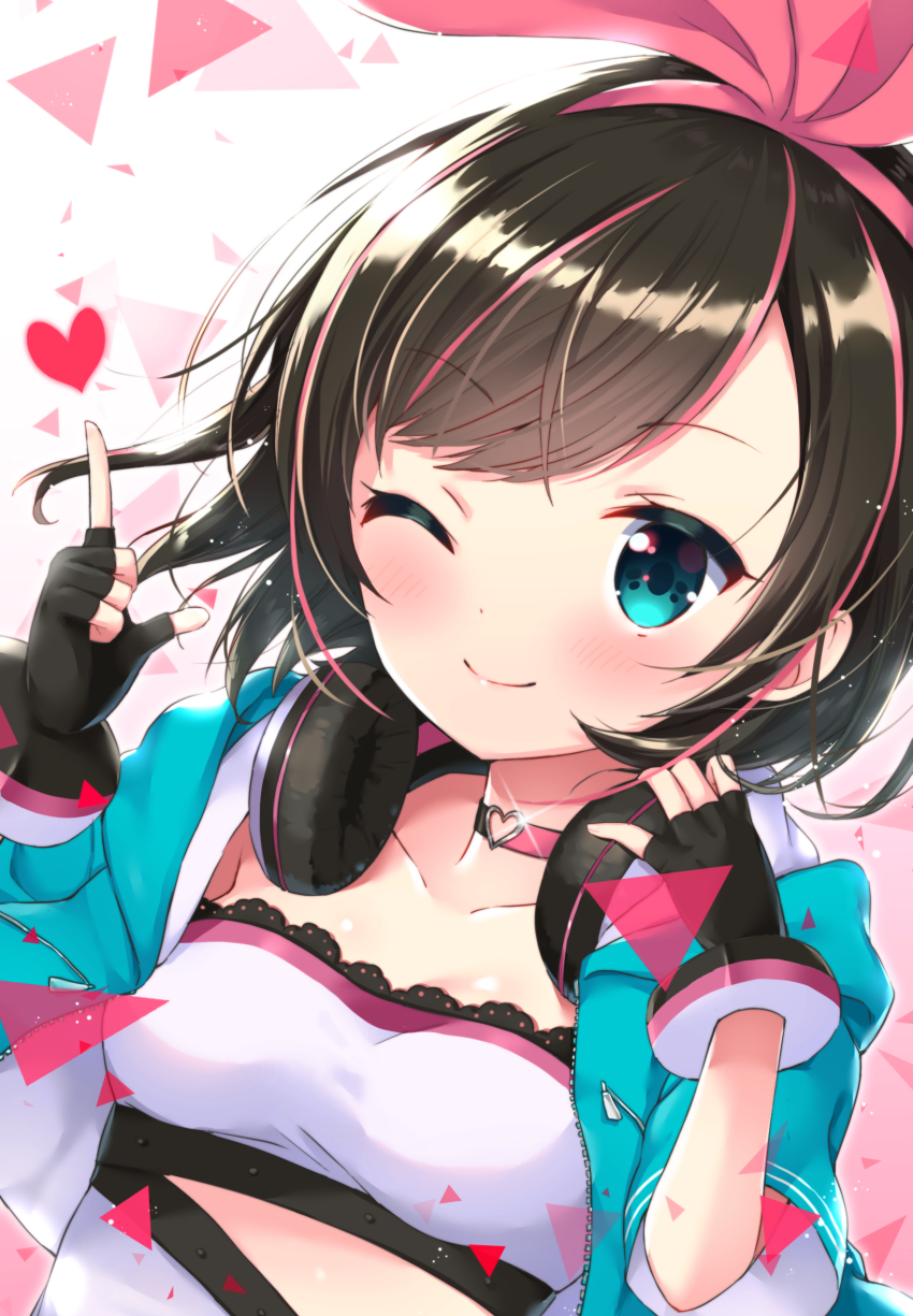 ;) a.i._channel alternate_hair_length alternate_hairstyle bangs black_gloves blue_eyes blue_jacket blush breasts brown_hair choker closed_mouth collarbone commentary_request eyebrows_visible_through_hair fingerless_gloves gloves hair_ribbon hand_on_headphones hands_up headphones headphones_around_neck heart heart_ring highres index_finger_raised jacket kizuna_ai medium_breasts multicolored_hair one_eye_closed open_clothes open_jacket pink_choker pink_hair pink_ribbon ribbon shirt short_hair short_sleeves smile solo streaked_hair uchuuneko virtual_youtuber white_shirt wide_sleeves
