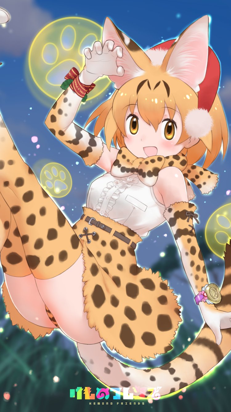 2016 5_fingers absolute_territory amber_eyes animal_humanoid anime armwear biped blush bracelet breasts brown_clothing brown_hair brown_spots brown_stripes cat_humanoid christmas clothing cloud digital_drawing_(artwork) digital_media_(artwork) dress_shirt elbow_gloves english_text feline female gloves hair hat hi_res holidays humanoid humanoid_hands inner_ear_fluff japanese jewelry kemono_friends leaning leaning_back legs_up legwear light_skin logo looking_at_viewer mammal multicolored_hair official_art open_mouth open_smile orange_clothing orange_hair outline panties pawprint raised_arm santa_hat scarf serval serval_(kemono_friends) shirt skirt sky small_breasts smile snow snowing solo spots spotted_clothing spotted_tail striped_tail stripes suspended_in_midair tan_skin text thigh_highs tree two_tone_hair underwear upskirt white_clothing yoshizaki_mine