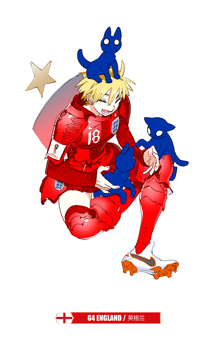 2018_fifa_world_cup :d animal animal_on_head armor armored_boots armored_dress blonde_hair boots cleats closed_eyes daibajoujisan england english_flag fang full_body nike number on_head open_mouth pauldrons red_legwear short_hair simple_background smile soccer star white_background white_footwear world_cup