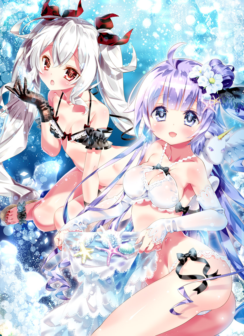 :d ahoge ass azur_lane bangs black_bra black_gloves black_ribbon blush bow bow_bra bow_panties bra breasts cleavage collarbone commentary_request conch detached_sleeves eyebrows_visible_through_hair fang flower gloves hair_between_eyes hair_bun hair_flower hair_ornament hair_ribbon halter_top halterneck hand_up holding kamiya_maneki lace lace_gloves long_hair long_sleeves looking_at_viewer medium_breasts multiple_girls nail_polish one_side_up open_mouth panties purple_eyes purple_hair red_eyes red_nails red_ribbon ribbon sandals seashell see-through shell side_bun sidelocks silver_hair sleeves_past_wrists small_breasts smile starfish stuffed_alicorn stuffed_animal stuffed_toy toenail_polish toenails twintails underwear underwear_only unicorn_(azur_lane) vampire_(azur_lane) very_long_hair white_bra white_flower white_panties