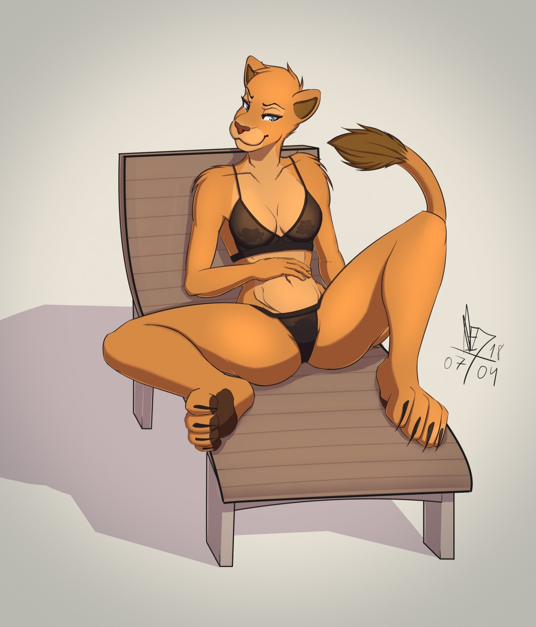 2018 anthro barefoot black_bottomwear black_clothing black_topwear bra brown_body brown_fur chair claws clothed clothing countershading digital_media_(artwork) feline female fully_clothed fur hand_on_stomach hi_res lace lingerie lion lounge_chair mammal midriff navel orange_body orange_fur panties reclining sheer_clothing solo spread_legs spreading toe_claws translucent transparent_clothing underwear xtheredfoxx
