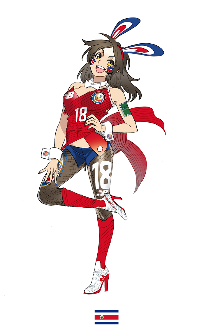 2018_fifa_world_cup :d armband black_hair black_legwear breasts brown_eyes cleavage costa_rica costa_rican_flag covered_navel daibajoujisan fishnet_pantyhose fishnets full_body hand_on_hip high_heels long_hair looking_at_viewer new_balance open_mouth pantyhose simple_background smile soccer solo white_background world_cup wrist_cuffs