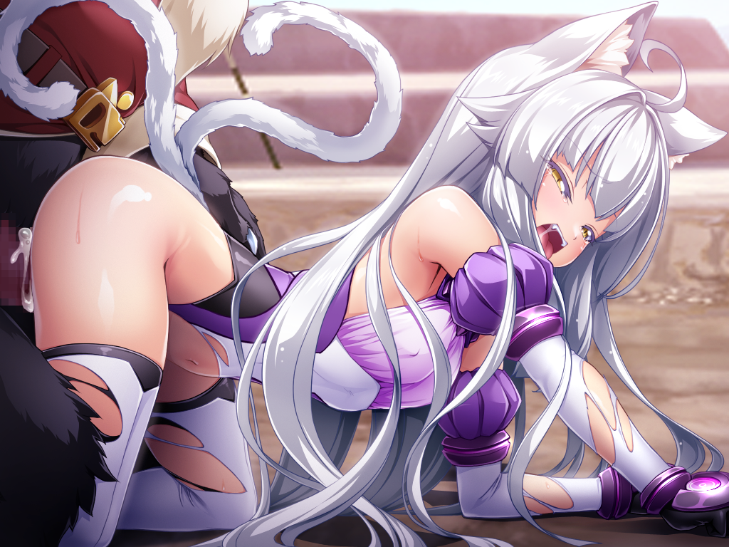 1girl animal_ears animal_tail cat_ears cat_girl cat_tail cum cum_in_pussy doggystyle forced inoino kouyoku_senki_exs_tia long_hair lusterise monster open_mouth penetration sex tail thighhighs torn_clothes transformation two_tails underwear white_hair yellow-eyes