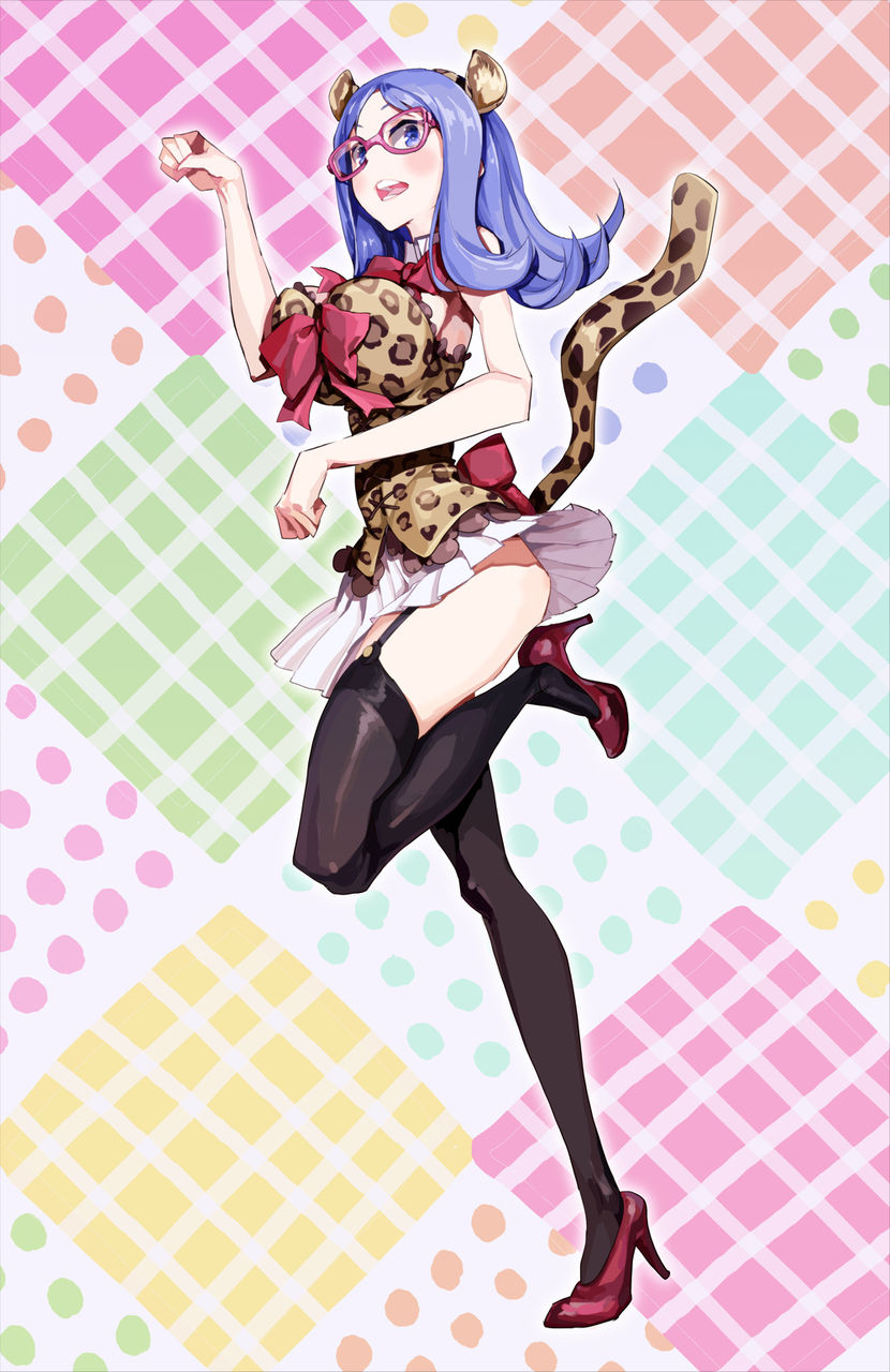alternate_costume animal_ears animal_print atago_kinue black_legwear blue_eyes blue_hair bow bowtie breasts brown_shirt clenched_hands fake_animal_ears fake_tail full_body garter_straps glasses high_heels highres large_breasts leg_up leopard_ears leopard_print leopard_tail long_hair looking_at_viewer miniskirt multicolored multicolored_background open_mouth paw_pose pleated_skirt print_shirt red-framed_eyewear red_bow red_footwear red_neckwear saki shirt skirt smile solo standing standing_on_one_leg tail thighhighs white_skirt yaku_yojino