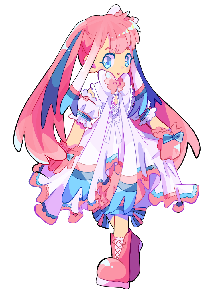arm_garter bloomers blue_bow blue_eyes blush blush_stickers boots bow child corset dress flat_chest frilled_dress frills full_body gen_6_pokemon gloves hair_bow hair_ornament happy long_hair looking_at_viewer mameeekueya multicolored_hair open_mouth personification pink_bloomers pink_footwear pink_gloves pink_hair pokemon shiny shiny_hair simple_background sleeveless sleeveless_dress smile socks solo standing sylveon tied_hair twintails underwear white_background white_bow white_dress white_legwear white_neckwear