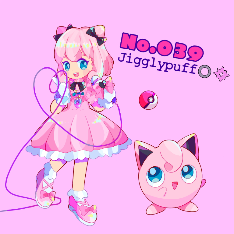 black_bow black_neckwear blue_bow blue_eyes blush blush_stickers bobby_socks bow cable character_name child dress english eye_contact flat_chest frilled_dress frills full_body gen_1_pokemon gloves hair_bow hair_ornament hands_up happy heart heart_of_string holding jigglypuff looking_at_another looking_down mameeekueya microphone moemon number open_mouth personification pink_background pink_bow pink_dress pink_footwear pink_hair poke_ball poke_ball_(generic) poke_ball_theme pokemon pokemon_(creature) pokemon_number shiny shiny_hair shoe_bow shoes short_hair short_sleeves simple_background smile socks standing teeth white_gloves white_legwear