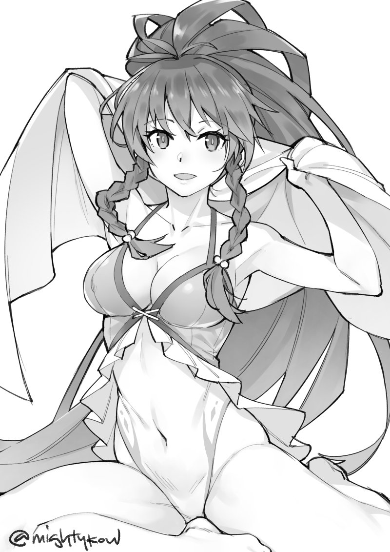 braid breasts cleavage commentary covered_navel fire_emblem fire_emblem:_seima_no_kouseki fire_emblem_heroes gebyy-terar greyscale holding holding_towel long_hair medium_breasts monochrome one-piece_swimsuit open_mouth ponytail simple_background sitting solo swimsuit tana towel twin_braids white_background