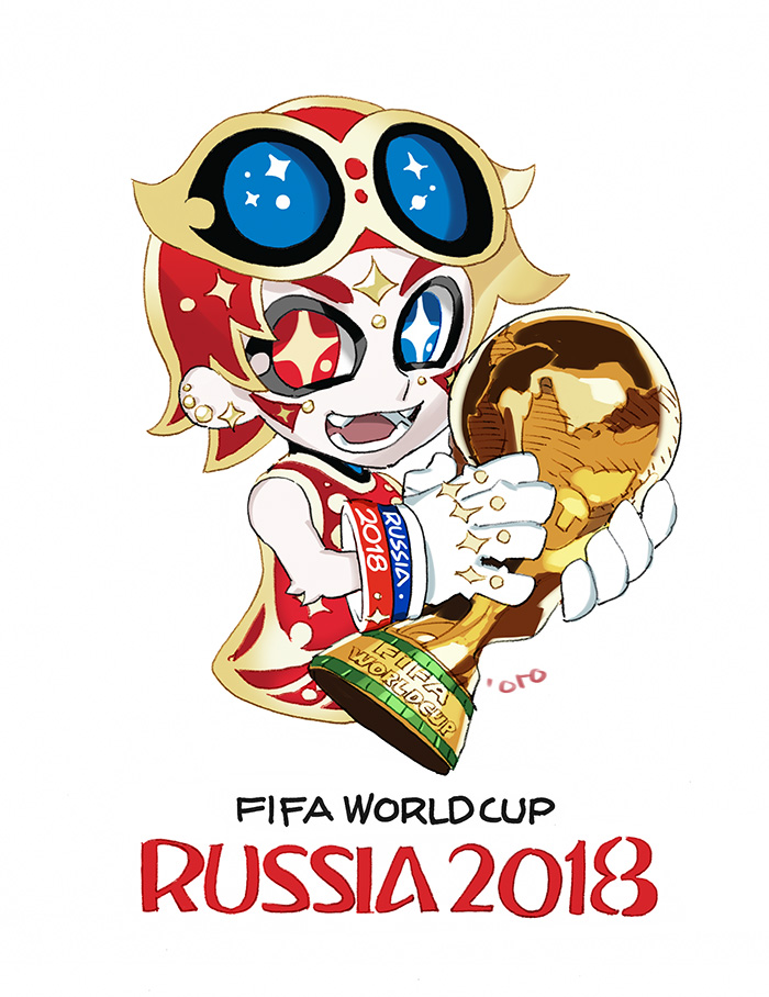 1girl 2018_fifa_world_cup :d blue_eyes daibajoujisan earrings fangs fifa_world_cup_trophy gloves heterochromia jewelry logo looking_at_viewer open_mouth red_eyes red_hair simple_background smile soccer white_background white_gloves world_cup