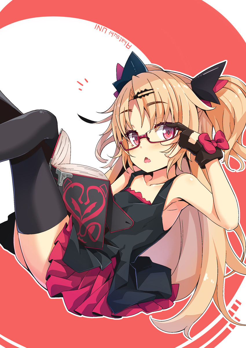 :&lt; adjusting_eyewear akatsuki_yuni arm_up armpits bangs black_gloves black_legwear black_tank_top blonde_hair blush book bow character_name collarbone commentary_request crossed_legs eyebrows_visible_through_hair fang glasses gloves hair_between_eyes hair_ornament hairclip head_tilt highres long_hair looking_at_viewer ogami_kazuki open_book parted_bangs parted_lips pleated_skirt red-framed_eyewear red_bow red_eyes red_skirt semi-rimless_eyewear skirt solo tank_top thighhighs triangle_mouth two_side_up under-rim_eyewear uni_channel very_long_hair virtual_youtuber