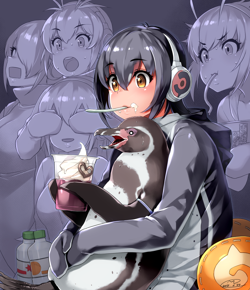 :o bird black_hair bottle brown_eyes commentary_request covering_another's_eyes emperor_penguin_(kemono_friends) eyebrows_visible_through_hair food food_on_face gentoo_penguin_(kemono_friends) grape-kun hair_over_one_eye happa_(cloverppd) headphones hood humboldt_penguin humboldt_penguin_(kemono_friends) jacket kemono_friends long_hair mouth_hold multicolored_hair multiple_girls open_mouth partially_colored penguin penguins_performance_project_(kemono_friends) rectangular_mouth rockhopper_penguin_(kemono_friends) royal_penguin_(kemono_friends) short_hair sitting sitting_on_lap sitting_on_person smile