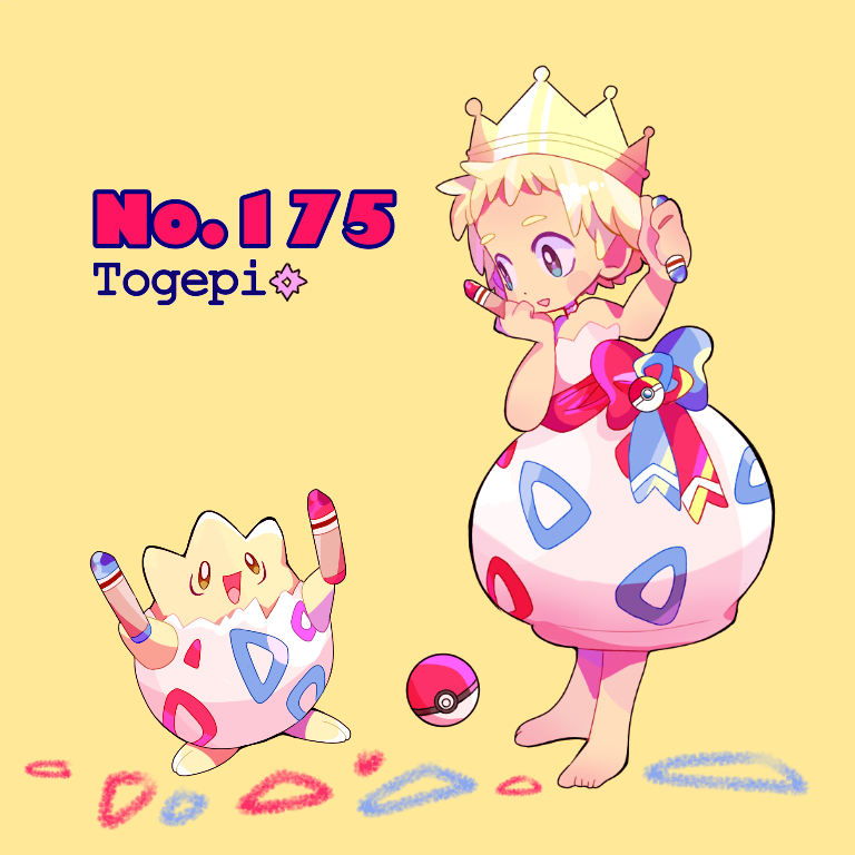 bare_shoulders barefoot blonde_hair blue_eyes bow character_name crayon crown full_body gen_2_pokemon hand_on_own_face holding mameeekueya moemon open_mouth personification poke_ball pokemon pokemon_(creature) simple_background smile standing strapless togepi waist_bow yellow_background